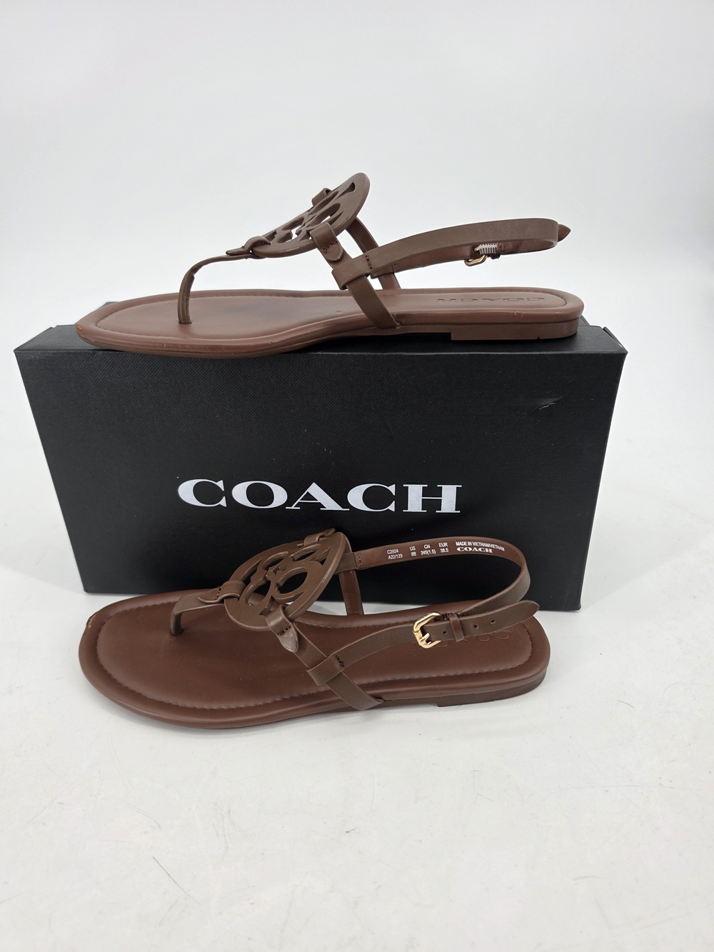 Coach Jaci Logo T-strap Flat Sandals Slingback Women's Brown Leather Size 8 - Picture 1 of 7